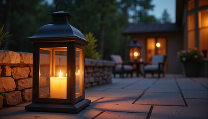 Elegant glass lantern lighting rustic patio at night, cozy ambiance