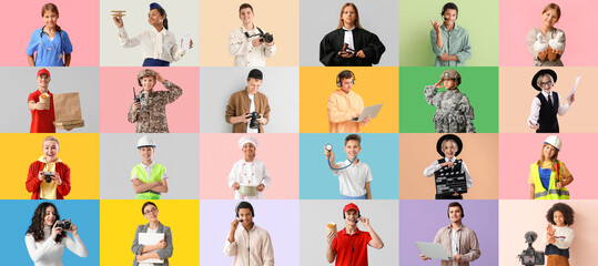 Set of teenagers of different professions on color background