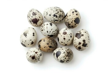 Cluster of speckled quail eggs on white background. Artificial intelligence image