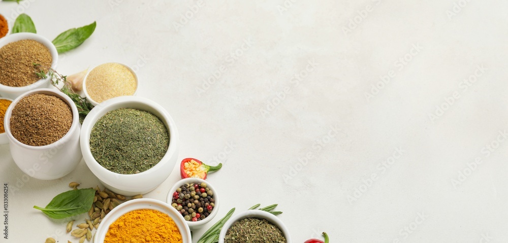 Wall mural bowls with different spices on light background with space for text
