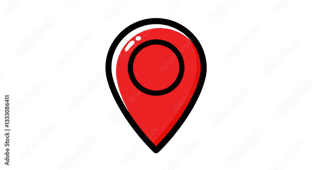 Poster isolated red location pointer icon with black outline: a precise symbol for digital mapping and navi
