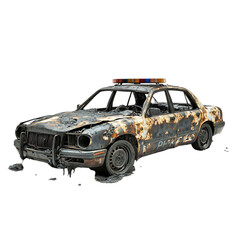 Burned Up Police Car with Camouflage Paint Job Isolated on Transparent Background