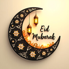 Elegant Eid Mubarak Design with Crescent Moon & Glowing Lanterns