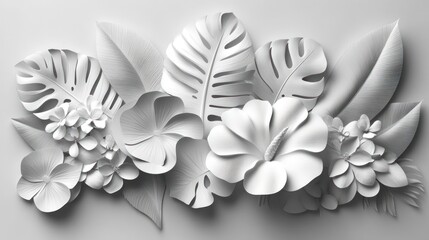White paper tropical flowers and leaves on a plain background for design