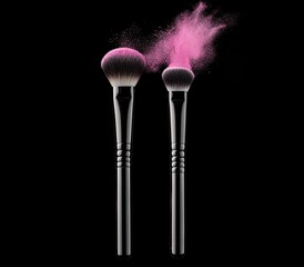 Makeup brushes with pink powder explosion against black background