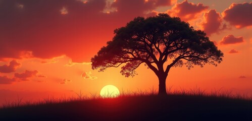 Obraz premium A serene sunset landscape featuring a solitary tree silhouetted against vibrant orange and purple skies, perfect for nature, wellness, and environmental themes.
