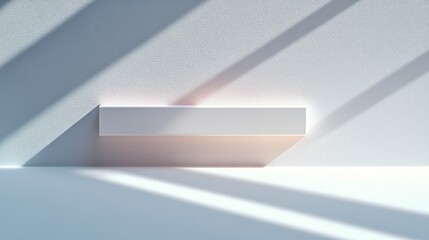 White rectangular platform on wall with window shadows, product display