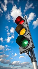 Close-up of a traffic signal with red, yellow and green lights glowing, set against a sunny blue sky with clouds symbolizing urban transportation safety