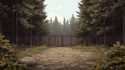 Stone path leads to wooden gate in misty forest.