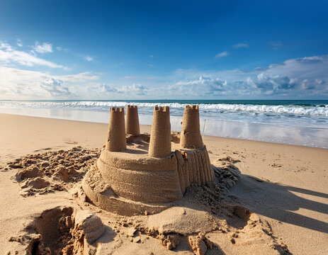 A crumbled sandcastle on the beach with scattered pieces, symbolizing the fragility of poorly built plans