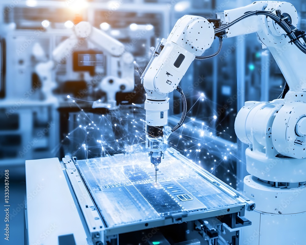 Poster advanced robotic arm performing precise tasks in a modern manufacturing environment.