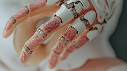 A futuristic prosthetic hand with living skin tissue, combining robotics and bioengineering