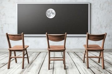 Night Sky Classroom: Empty Chairs for Moonlit Board.