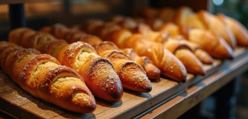 Freshly baked croissants and bread loaves displayed in a bakery, perfect for food-related projects or culinary promotions.