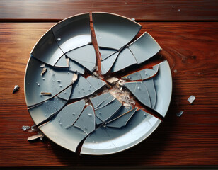 A shattered plate with uneven shards placed on a wooden dining table, symbolizing broken expectations