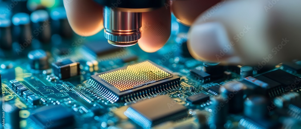 Poster close-up of a hand inspecting a microchip on a circuit board with magnifier. perfect for tech-relate