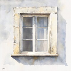 Fototapeta premium Watercolor painting of a simple, white, double-paned window in a stone frame on a light gray wall.