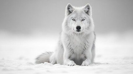 Naklejka premium White wolf lying in snow, intense stare, winter wildlife portrait