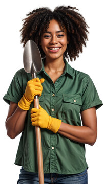 Smiling African American Female Landscaper Holding Garden Trowel With Long Handle