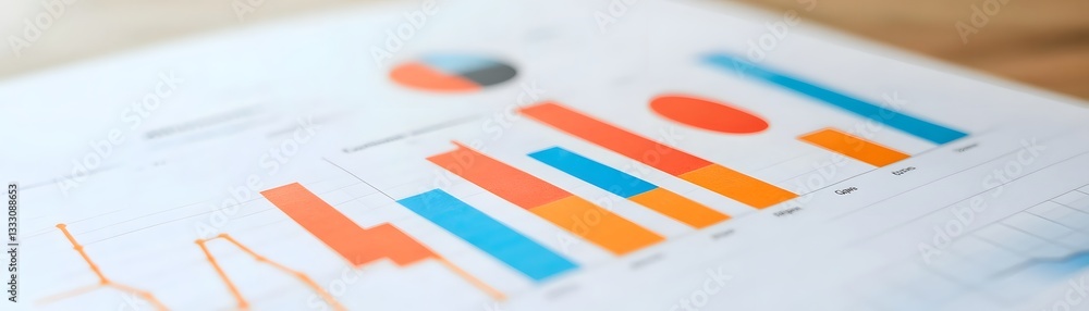 Poster close-up of colorful graphs and charts on a business report, highlighting analytical data and perfor