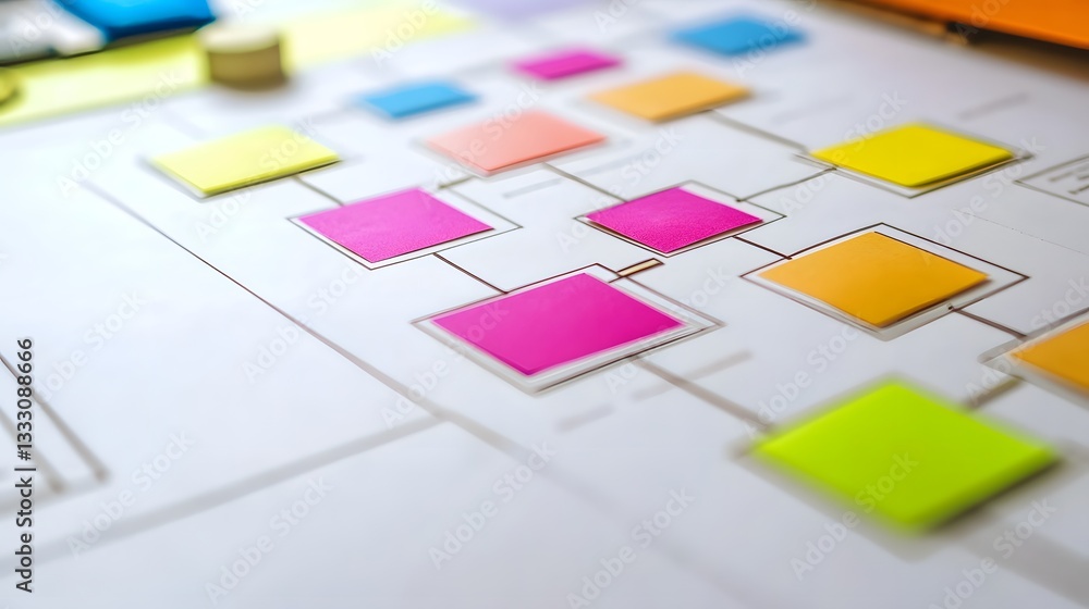 Poster close-up of colorful sticky notes arranged in a workflow diagram on a white paper background, repres