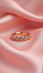 Elegant rose gold ring with sparkling gems, resting on soft pink satin. Perfect for luxury branding, wedding concepts, or jewelry marketing.