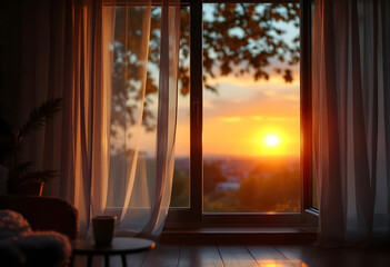 Cozy Interior with Open Window and Sunset View