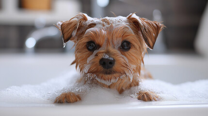 A small dog with soft fur is soaking in a bubbly bath, surrounded by foam. The dog's curious eyes gaze up as water splashes, creating a joyful moment of grooming