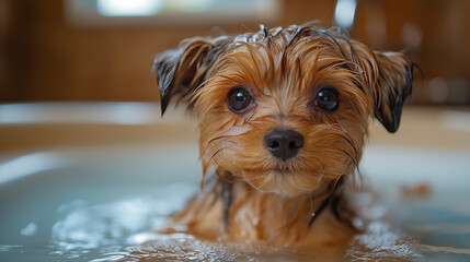 A small dog with messy wet fur splashes in a bathtub, enjoying a gentle bath. Sunlight streams in, illuminating the playful scene and creating a cozy atmosphere
