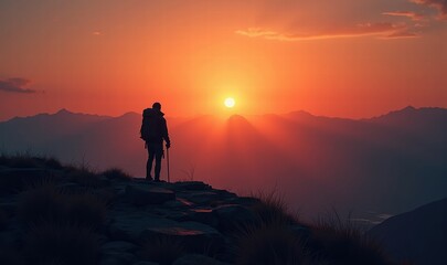 A lone hiker stands against the backdrop of a stunning sunset, capturing the essence of adventure and exploration in the great outdoors.