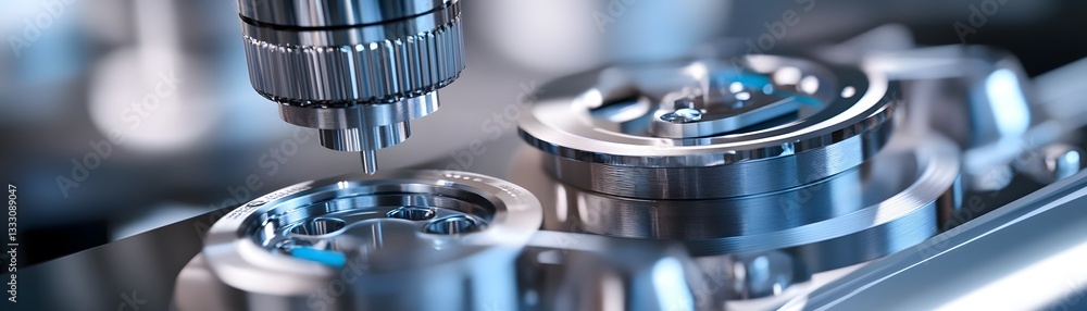 Poster close-up view of precision machinery components in a modern industrial setting, showcasing advanced 