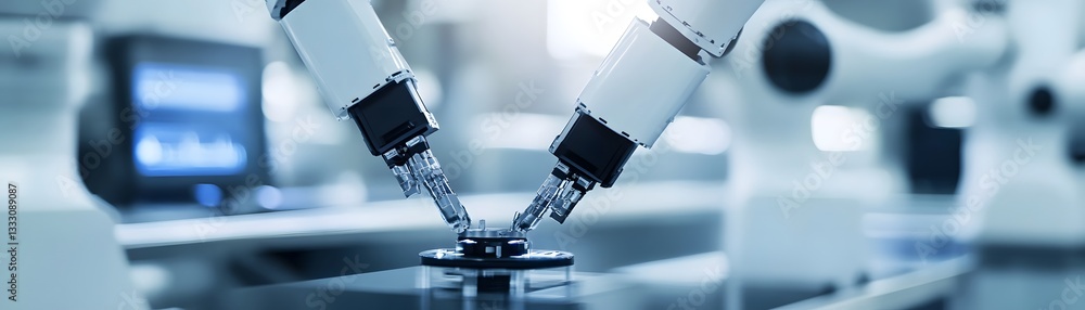 Poster close-up view of robotic arms working on a precision task in a modern laboratory environment.