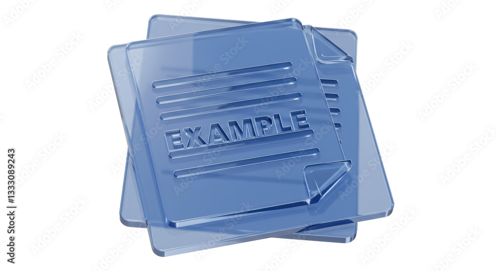Poster isolated stack of glassy blue documents with 'example' text for business presentation and data illus