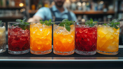 Six refreshing cocktails with ice and mint sit on a bar counter, highlighting a mix of vibrant colors and flavors, while a bartender prepares more in the background