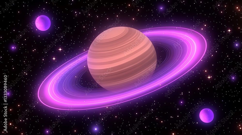 Poster glowing planet with bright rings and two smaller planetary objects