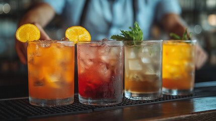 A bartender prepares a vibrant selection of cocktails, showcasing four distinct drinks with citrus garnishes, set against a bustling bar backdrop during the evening hours