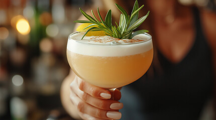 A bartender presents a beautifully crafted cocktail featuring fresh herbs and a creamy foam, showcasing mixology skills in a vibrant bar atmosphere at night