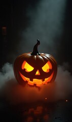 A glowing, menacing Halloween pumpkin surrounded by mist, perfect for spooky decor, event promotions, or seasonal marketing.