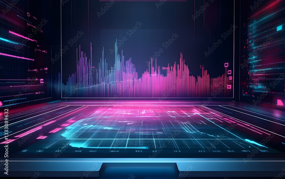 Poster futuristic digital interface showcasing vibrant graphs and data visualization. ideal for themes of i
