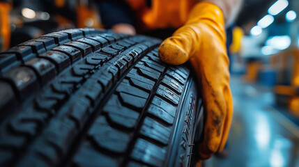 A worker wearing a yellow glove closely examines the tread of a tire in an auto repair shop. The environment is bustling with activity, filled with tools and vehicles