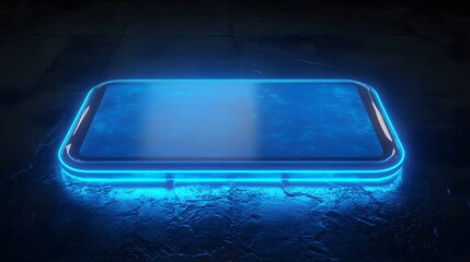 Futuristic smartphone with glowing blue edges on a dark surface, symbolizing advanced technology and innovation.