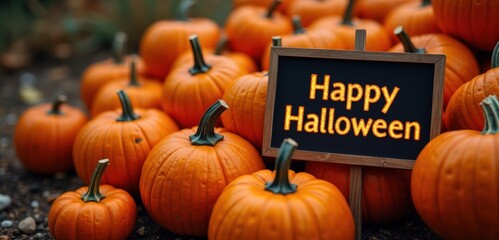 A vibrant display of pumpkins with a cheerful Happy Halloween sign, perfect for festive promotions, seasonal marketing, and event decorations.