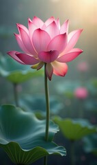 Obraz premium A serene pink lotus flower stands gracefully above lush green leaves, illuminated by soft sunlight, symbolizing beauty and tranquility.