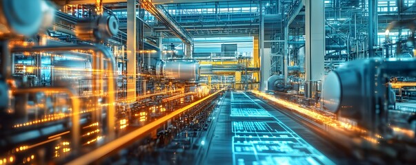 Obraz premium Industrial interior featuring advanced machinery, vibrant lights, and intricate piping system, showcasing modern manufacturing.