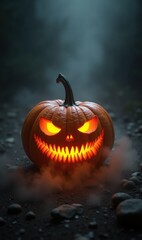 Fototapeta premium A spooky jack-o-lantern glowing in the dark, perfect for Halloween-themed projects, marketing materials, or seasonal decorations.