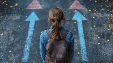 A young woman with a backpack faces a choice between two paths marked by blue and red arrows on a pavement covered with fallen leaves in autumn