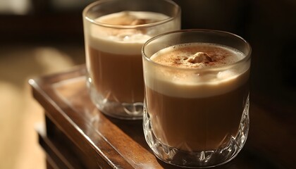 Two glasses of creamy coffee topped with whipped cream and a sprinkle of cinnamon, placed on a wooden table, inviting warmth and comfort for coffee lovers to enjoy.