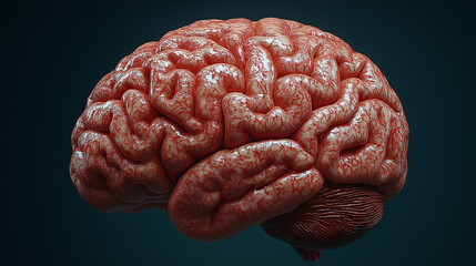 The image displays a realistic anatomical model of a human brain. The focus highlights the brain's convoluted surface and vascular details, emphasizing its complexity