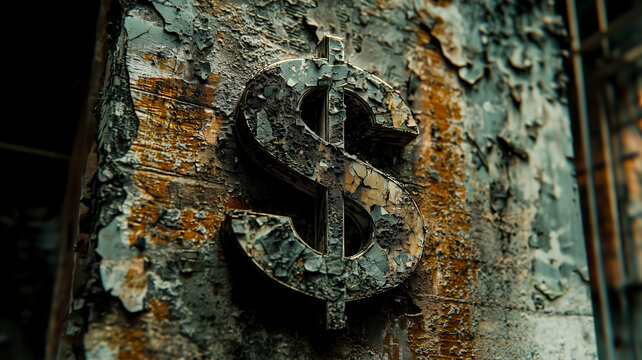 Distressed dollar sign on weathered surface. The peeling paint accentuates its aged, symbolic representation of financial decay.