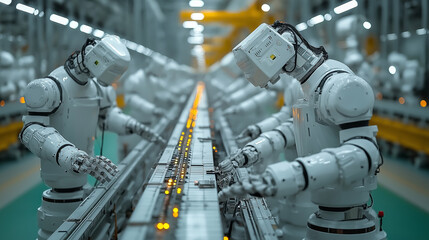Advanced robots are engaged in a synchronized assembly process in a modern manufacturing plant. The environment is well-lit with efficient machinery all around